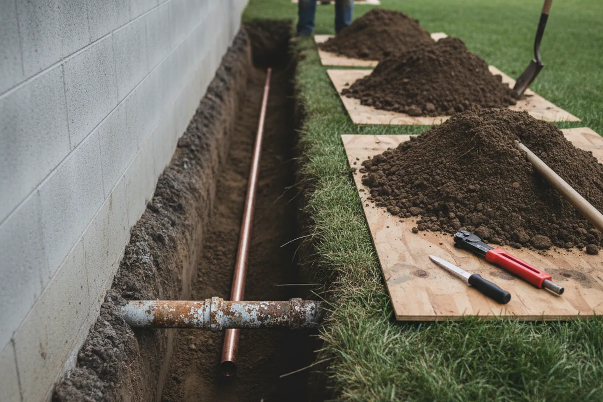Excavated water line trench during Water Softener Installation in Wayland